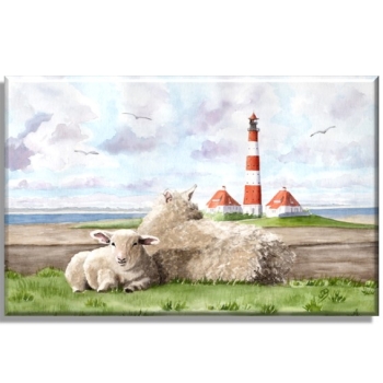 Leinwand 40 x 30 cm Keilrahmen Canvas-Leinen  Aquarell Maritim Kunst Druck Kunstdruck Nordsee St. Peter Ording SPO Westerhever Leuchtturm Meer Strand Schafe